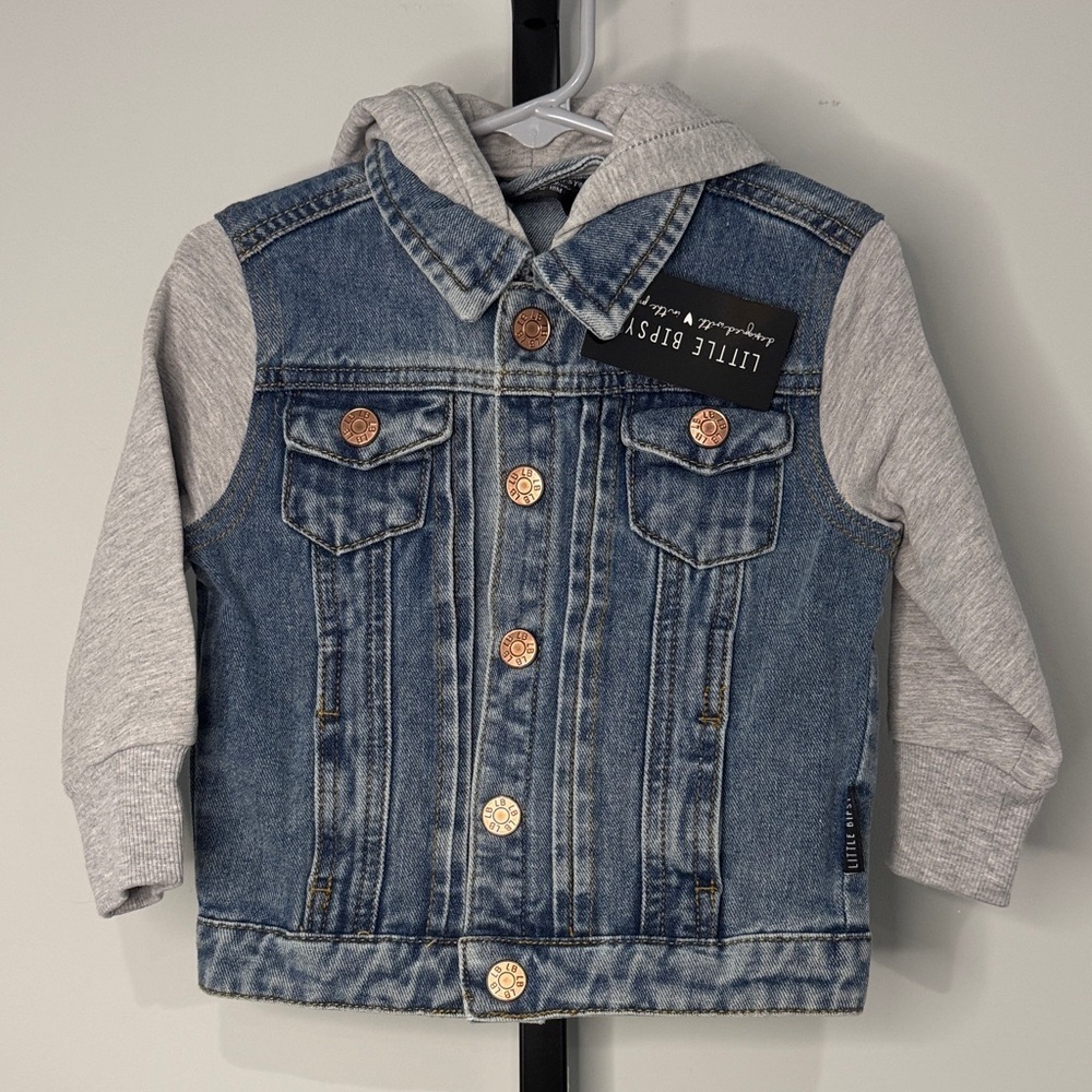 Little Bipsy Denim Jacket with Light Gray Hood & Sleeves 12-18 Months New NWT